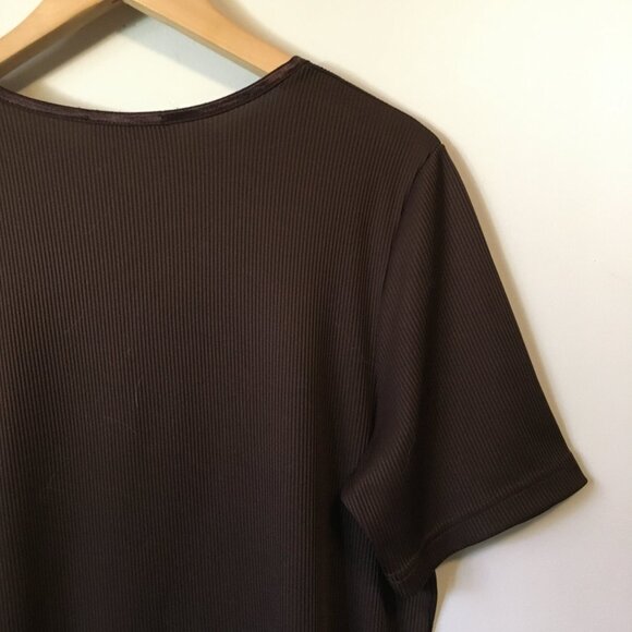 Dark Chocolate Satiny Collar Ribbed Short Sleeve Top - Picture 7 of 15